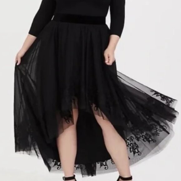 GOTH VAMPIRE WICCA BLACK EMBROIDERED TULLE HI LOW MESH MAXI SKIRT 1 1X 16 NWT